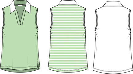 Sleeveless top CAD, V-neck with collar, striped back, bust darts, fashion flat sketch, technical vector drawing, front and back views