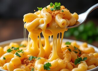 Delicious cheesy macaroni and cheese with gooey melted cheese