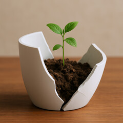 Green Plant Growing in Broken White Pot Filled with Soil