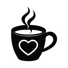 Vector art of black coffee cup with heart design and steam isolated