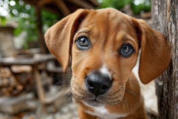 Adorable brown puppy with expressive eyes in an outdoor setting, portrait of cute pet dog