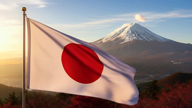 The Japanese flag waving with the iconic, snow-capped Mount Fuji in the background during a scenic sunrise.