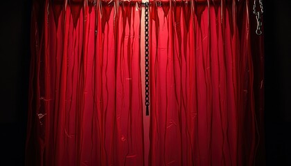 Red silk curtain hanging against a dark background. torn curtain with stains (Halloween)  