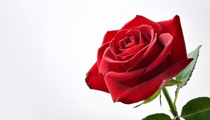single red rose with green stem isolated on white background