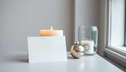 Decorative candle and blank card on minimalist table by the window. torn holiday card beside candle (Christmas)  