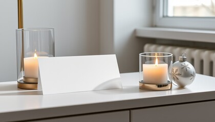 Decorative candles and blank card on modern white table indoors. torn holiday card beside candle (Christmas)  