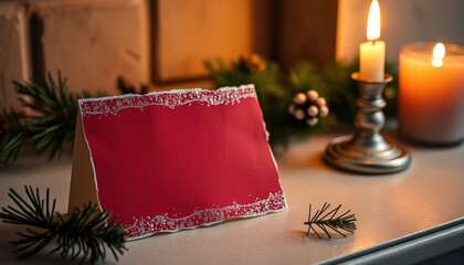 Red holiday card on table with pine branches and candlelight. torn holiday card beside candle (Christmas)  