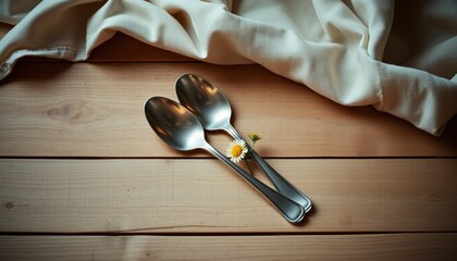 Silver spoons arranged on wooden table with white fabric backdrop. two spoons crossed on table (Valentine’s Day)  