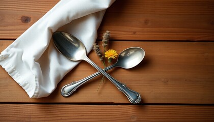 Silver spoons crossed with white napkin and yellow flower on wood. two spoons crossed on table (Valentine’s Day)  