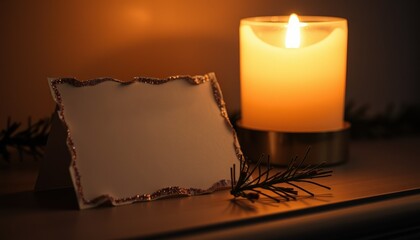 Decorative candle illuminating blank card on dark background. torn holiday card beside candle (Christmas)  