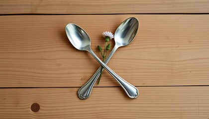 Silver spoons crossed with flower on wooden table background. two spoons crossed on table (Valentine’s Day)  