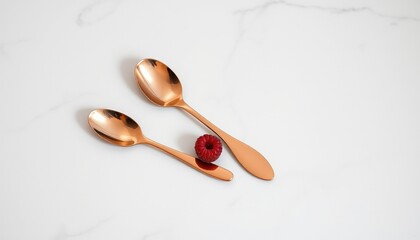 Copper spoons with red berry on marble countertop. two spoons crossed on table (Valentine’s Day)  