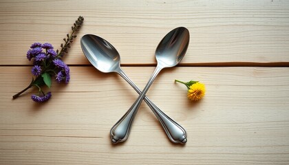 Silver spoons crossed with purple flowers and yellow petals on wood. two spoons crossed on table (Valentine’s Day)  
