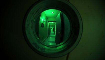 Green-lit corridor viewed through circular peep hole in wall. view through the peephole of the doo  