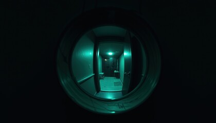 Corridor view through a round lens with green lighting at night. view through the peephole of the doo  