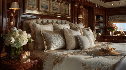 Amazing yacht bedroom with elegant decor and plush bedding in warm tones, concept of journey and luxury