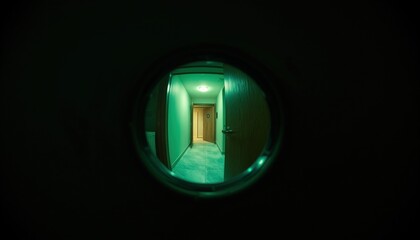 Corridor viewed through round hole with green lighting . view through the peephole of the doo 
