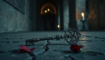 Key lying on cracked stone floor with rose petals and candlelight. vintage key on stone floor (Halloween)  