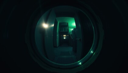 View through round window into dimly lit hallway with green light . view through the peephole of the doo 