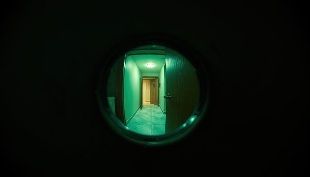 Corridor viewed through round hole with green lighting . view through the peephole of the doo 