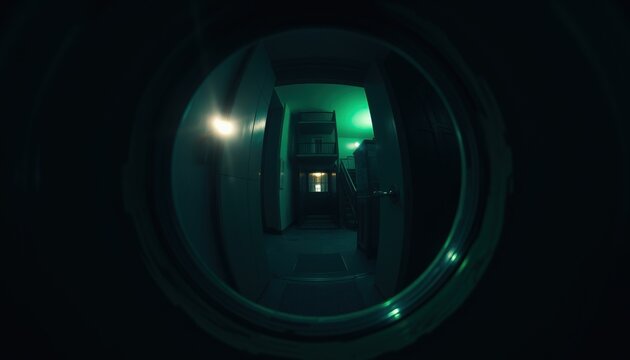 View through round window into dimly lit hallway with green light . view through the peephole of the doo 