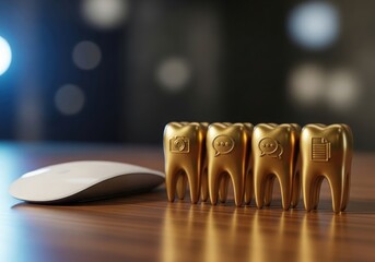 Golden teeth models and computer mouse on wooden desk