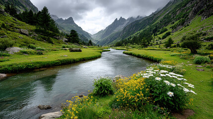 Green mountain valley with river and wildflowers under cloudy skies in summer, beautiful landscape