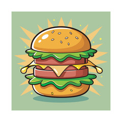 Delicious Triple Layer Cheeseburger with Fresh Lettuce and Toasted Sesame Seed Bun and Starburst Background