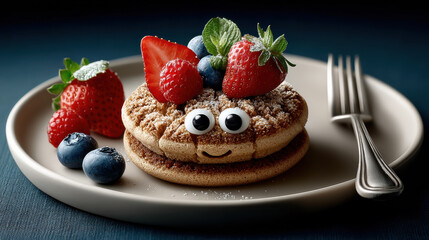 Whimsical pancake with fresh berries and gooey eyes on a plate, funny children food on dark background