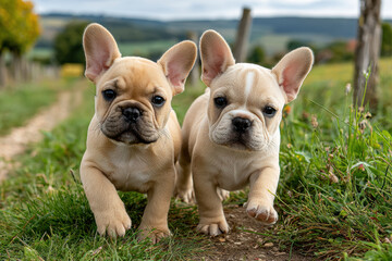 Adorable french bulldog puppies exploring a serene countryside path, playful dogs