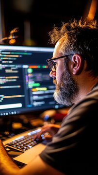 Focused male data scientist writing Python code in dark workspace showcasing technical skill and authentic tech branding. Data scientist
