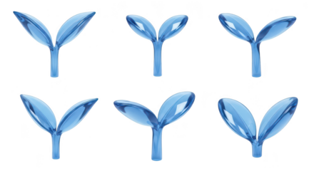 Six blue transparent plant-like shapes on a white backdrop demonstrating growth for use in nature science or minimalist design