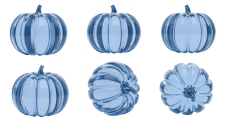 Six transparent blue pumpkins sit on a plain white background The pumpkins are shown from different angles for product presentation and fall/holiday themes