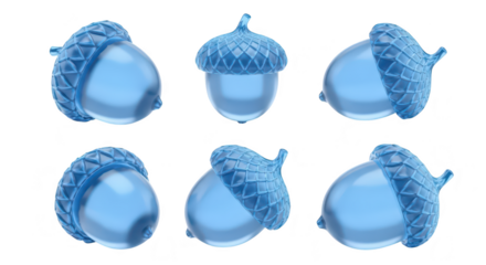 Rendered collection of translucent blue acorns different angles isolated on white background for educational or illustrative purposes
