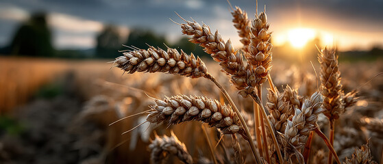 Wheat ears on golden field background, close-up of ripe grain in rural countryside landscape, panoramic view