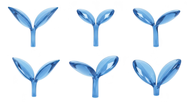 Six blue transparent plant-like shapes on a white backdrop demonstrating growth for use in nature science or minimalist design - Powered by Adobe