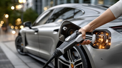 Electric car charging at station in urban setting with close-up of hand plugging in charger connector for efficient eco-friendly travel