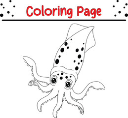 Cute Squid Coloring book page for kids. sea animal Black and white cartoon