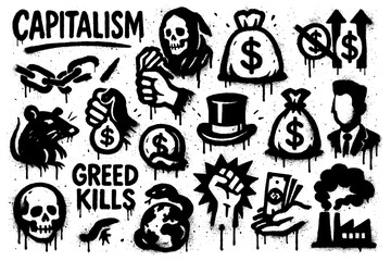 Obraz premium Graffiti icons opposing capitalism with chained hands, protest fist, dollar signs, factories, and symbolic globe in bold stencil style, Transparent Background