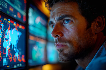 Intense young man analyzing data on computer screens with global maps in a dark room