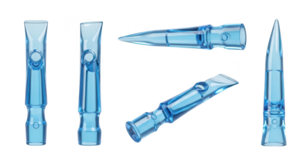 Clear blue plastic mouthpiece parts isolated on a white backdrop showing various angles ready for use