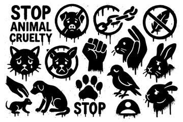 Naklejka premium Graffiti icons of stop animal cruelty with protest fist, chained paw, sad pets, and crossed-out symbols in bold stencil art style, Transparent Background