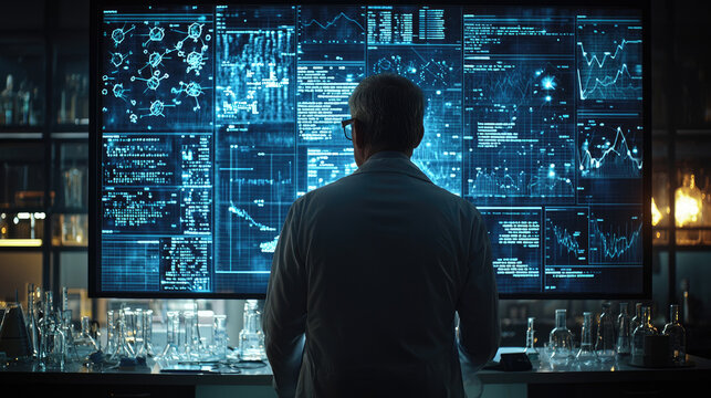 Elderly caucasian man analyzing data on large digital screen in laboratory environment