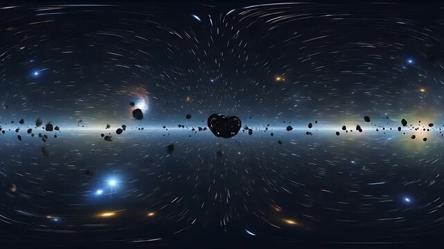 A 360-degree equirectangular panorama of a large asteroid within a dense asteroid field, set against a glowing galaxy.