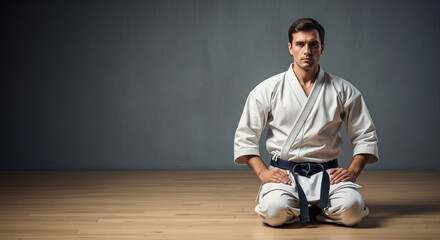 Focused martial arts master with a black belt in a white gi, kneeling in a seiza position in a dojo. A powerful portrait of discipline, strength, and tradition with copy space