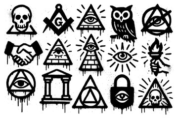 Graffiti-style Illuminati and Freemason icons with all-seeing eyes, pyramids, symbols, handshake, and chained hands, Transparent Background
