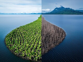 A beforeandafter image of deforested land regenerating into a healthy ecosystem, highlighting reforestation efforts