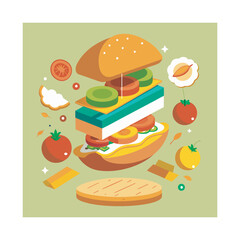 Artistic Representation of a Deconstructed Delicious Burger with Fresh Ingredients Showcased in a Vibrant Flat Design Style