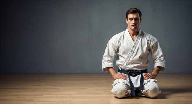 Focused martial arts master with a black belt in a white gi, kneeling in a seiza position in a dojo. A powerful portrait of discipline, strength, and tradition with copy space