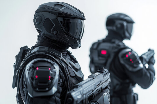 Futuristic soldiers in advanced armor with helmets and tactical gear